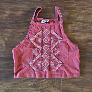 Red Tribal print embroidered halter top - cropped tank